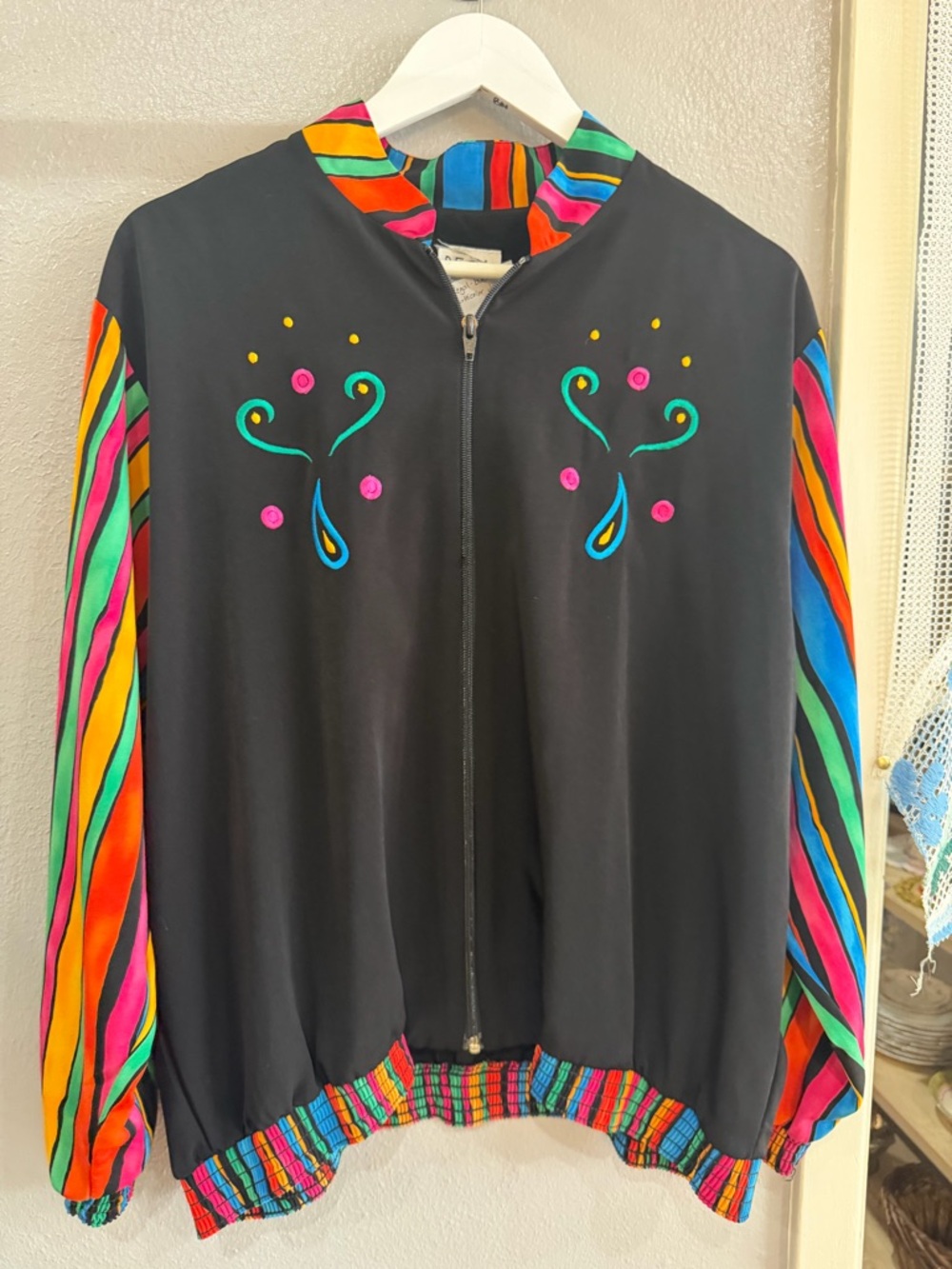 Black Multicolor Embroidered Bomber Jacket